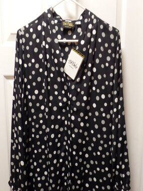 *NWT* Bob Mackie XL 18 20 Button Front BLACK Polka Dot Pleated Collar Print Top